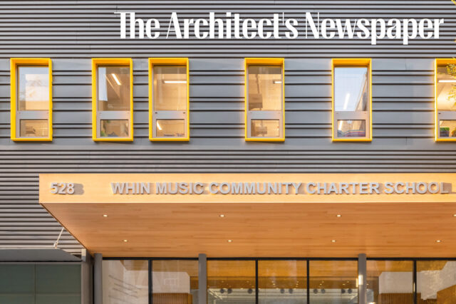 Logo of The Architect's Newspaper overlaid on closeup exterior facade photo of WHIN Music Commmunity Charter School
